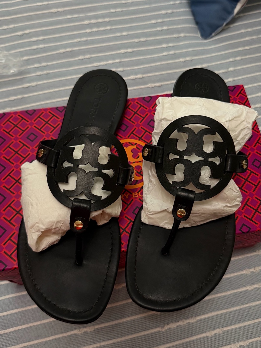 Tory Burch Black Leather Logo Thong Sandals